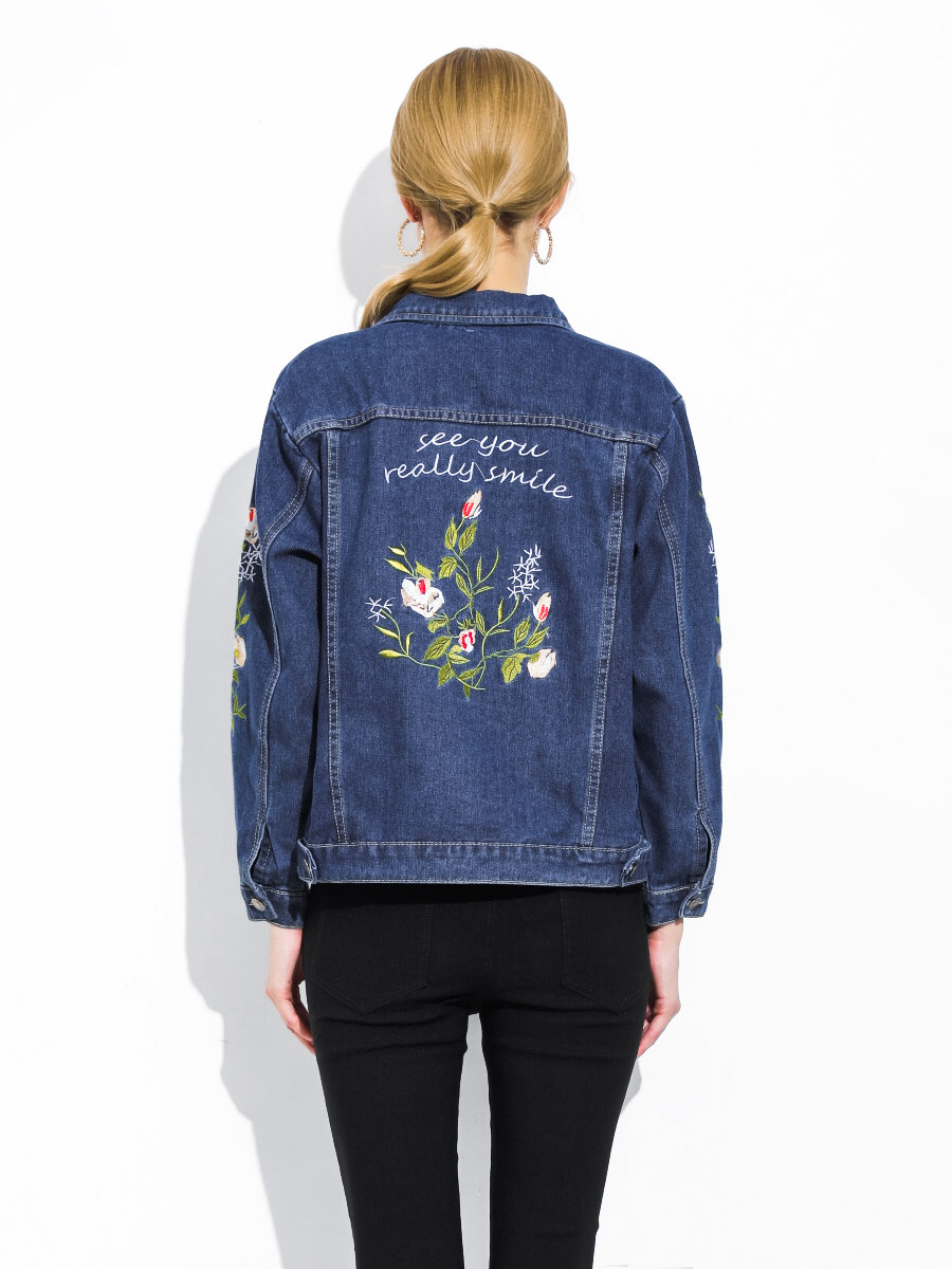 Cheap Floral & Letter Embroidery Womens Denim Jacket Sale Blue