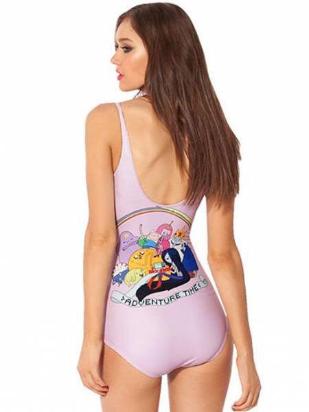 The Gang Cartoon Pattern Stretchy Pink One Piece Swimwear