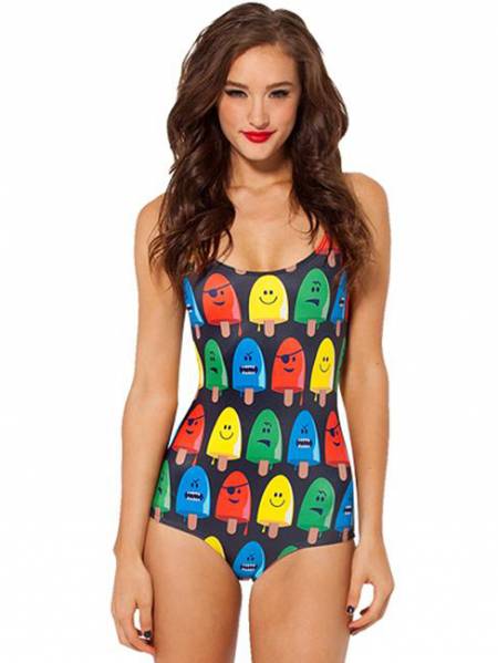 Popsicles Pattern Low-Cut Back Black Teddy Modest One Piece Swimsuits