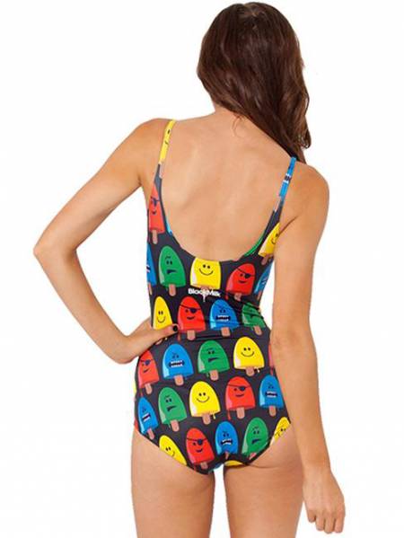 Popsicles Pattern Low-Cut Back Black Teddy Modest One Piece Swimsuits