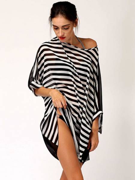 Summer Oversized Relaxed Fit Black White Stripes Sleeved Thin Beach Caftan Cover Up