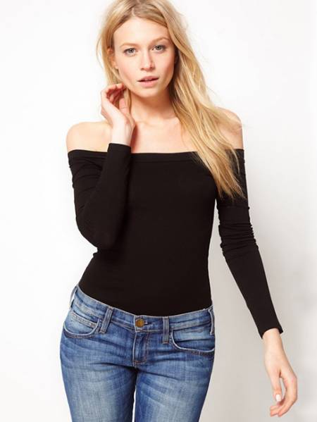 Plus Lady Black Full Sleeve Slash Neck Low Cut Off Shoulder Knit Skinny T Shirt Sales