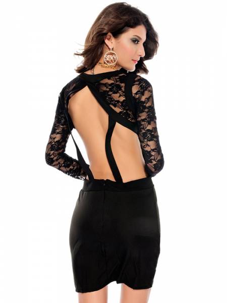 Vilanya Sexy O-neck High Waist Lace Embroidery Backless Polyester Long Sleeve Black Mini Dress
