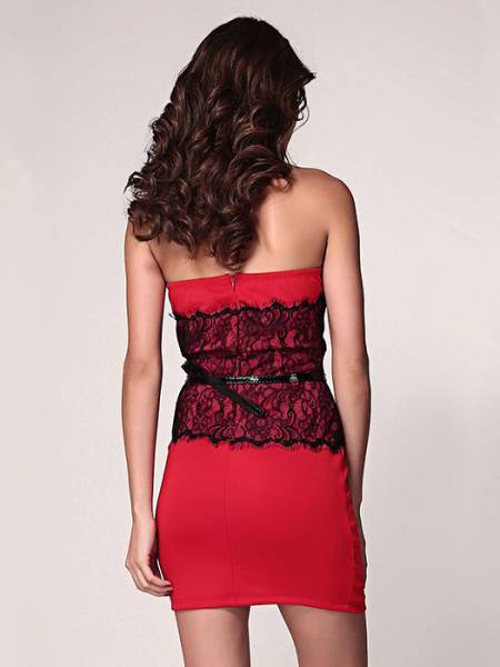 High-waisted Lace Appliques Strapless Eyelash Waist Cincher Bodycon Mini Dresses