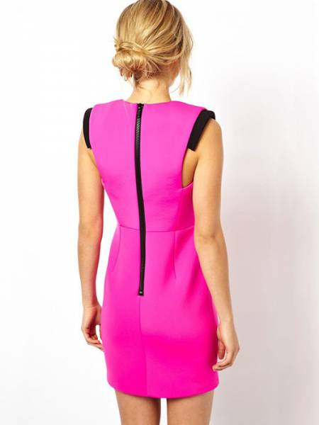 Women Pink Plunging V Neck High Waisted Sleeveless Polyester Mini Dress