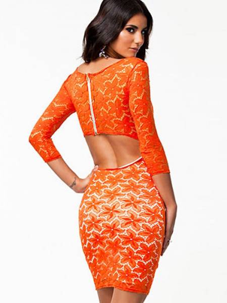 Vilanya High-waist Three Quarter Sleeved Floral Lace Overlay Zipper Back Orange Mini Dress