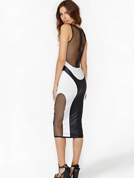 High-waisted Sleeveless Unlined Zipper Back Hollow Out Mesh Stretchy Womens Midi Dress