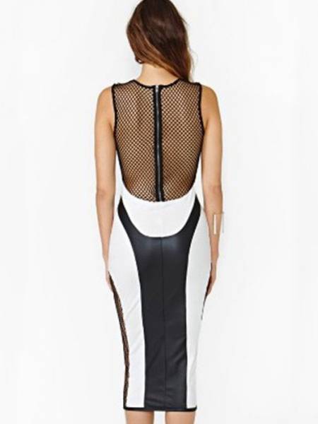 High-waisted Sleeveless Unlined Zipper Back Hollow Out Mesh Stretchy Womens Midi Dress