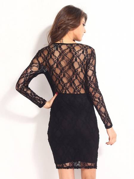 Vilanya Black Womens V-neck High-waisted Long Sleeved Hollow Out Lace Bodycon Midi Dress