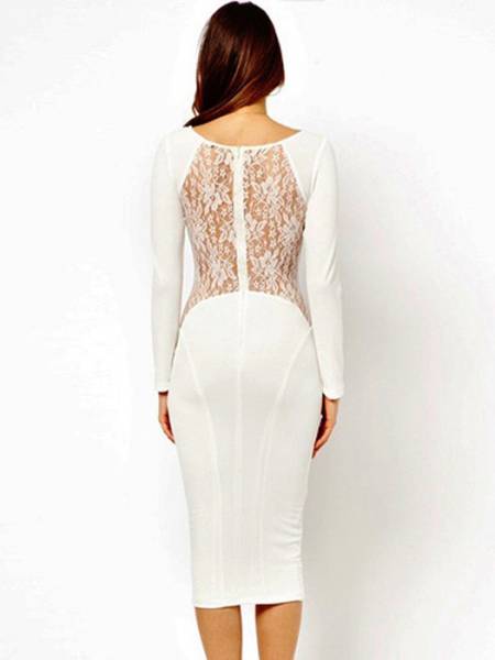 Classic Round Neck Long Sleeve High Waisted Zipper Lace Inset Back Stretchy Midi Dresses