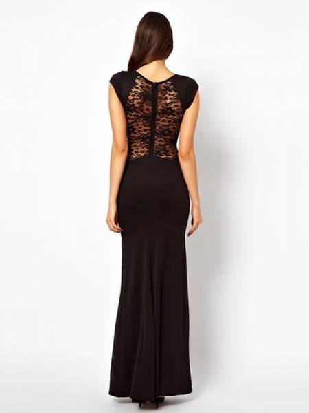 Vilanya Black High Waist Lace Back Fishtail Polyester Thigh-high Split Cap Sleeve Maxi Dress