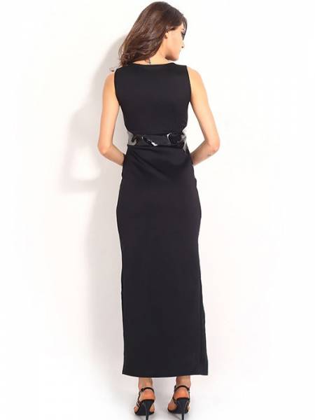 Sleeveless High Slit Leather Spliced Round Neckline High-waisted Black Maxi Dresses For Sale
