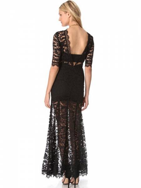 Black Half Sleeved High Waist Plunging Back High-cut Slit Lined Lace Boutique Maxi Dresses