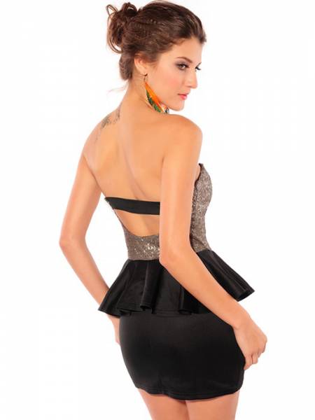 Vilanya Gleam High-waist Strapless Hollow Out Back Ruffles Peplum Black / White Sequin Mini Dress