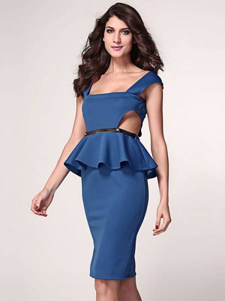 Low Cut Neck High Waisted Sleeveless Cut Out Sides Pleated Gold Waist Midi Ruffles Peplum Dresses