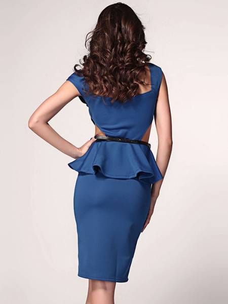 Low Cut Neck High Waisted Sleeveless Cut Out Sides Pleated Gold Waist Midi Ruffles Peplum Dresses