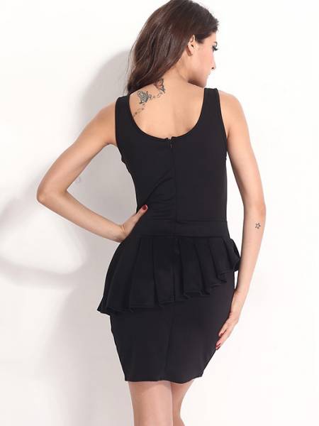 Black High Waist Round Neck Sleeveless Zipper Back Irregular Flounce and Hemline Mini Peplum Dresses