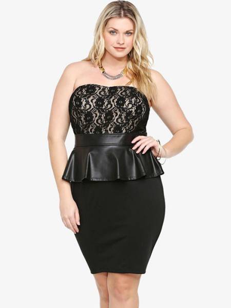 Black Strapless Sheer Floral Lace Top Leatherette Waistline and Peplum Mini Tube Dresses