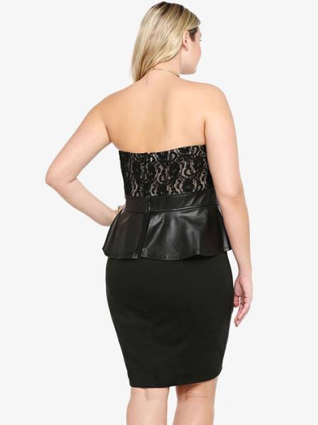 Black Strapless Sheer Floral Lace Top Leatherette Waistline and Peplum Mini Tube Dresses