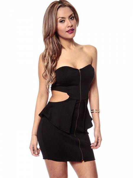 Black Vilanya High-waisted Strapless Cut-out Sides Zipper Front Ruffles Mini Peplum Dresses