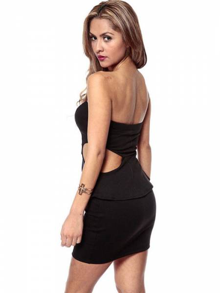 Black Vilanya High-waisted Strapless Cut-out Sides Zipper Front Ruffles Mini Peplum Dresses