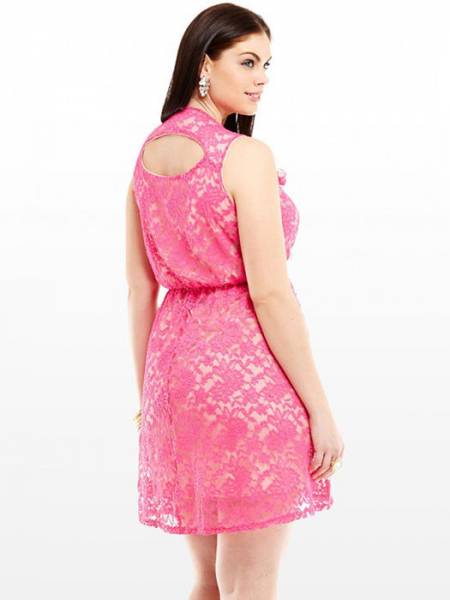 Vilanya Pink O-neck Sleeveless Draped Floral Lace High Waisted Cutout Back Mini Skater Dress