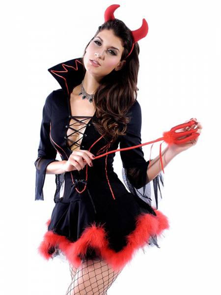 Vilanya 3pcs Marabou Trim Half Sleeved Lacing Front Miss Iblis Adult Female Halloween Costumes