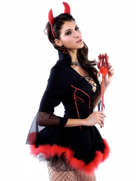 Vilanya 3pcs Marabou Trim Half Sleeved Lacing Front Miss Iblis Adult Female Halloween Costumes
