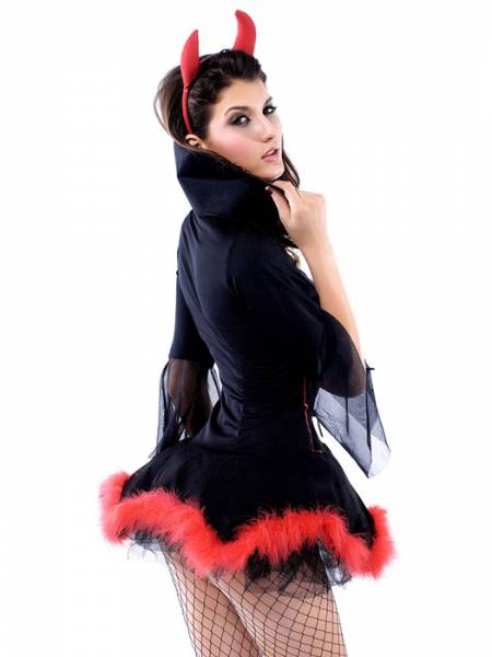 Vilanya 3pcs Marabou Trim Half Sleeved Lacing Front Miss Iblis Adult Female Halloween Costumes