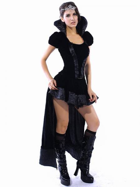 Vilanya Black 2 Pieces Short Sleeved Ruffles Wicked Queen Cheap Women Halloween Costumes