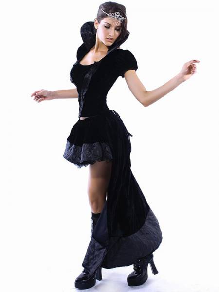 Vilanya Black 2 Pieces Short Sleeved Ruffles Wicked Queen Cheap Women Halloween Costumes