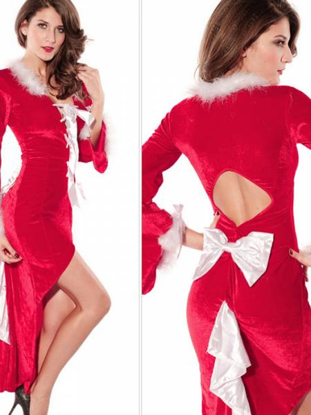 Women Christmas Outfit Ideas One Piece Long Sleeve Cut-out Back Irregular Dress