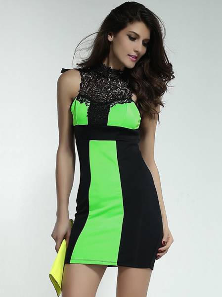 Patchwork Sleeveless Scoop High Neck Hollow Out Back Lace Spliced Mini Dresses Bodycon