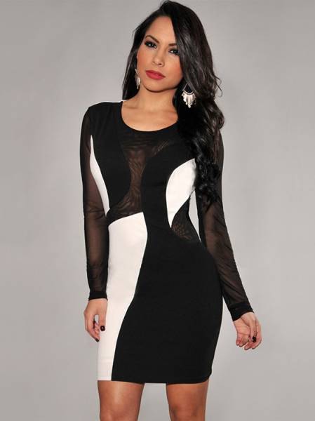 Color Block Long Sleeve High-waisted Mesh Spliced Sexy Mini Bodycon Dresses Long Sleeve