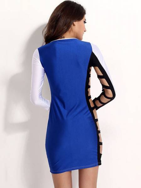 Hollow Out High-waist Contrast Color Sided Slits Mini Long Sleeved Mini Bodycon Dress