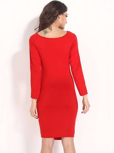 Scoop Neckline High Waist Midi Sexy Cutout Front Hem Long Sleeve Red Bodycon Dress