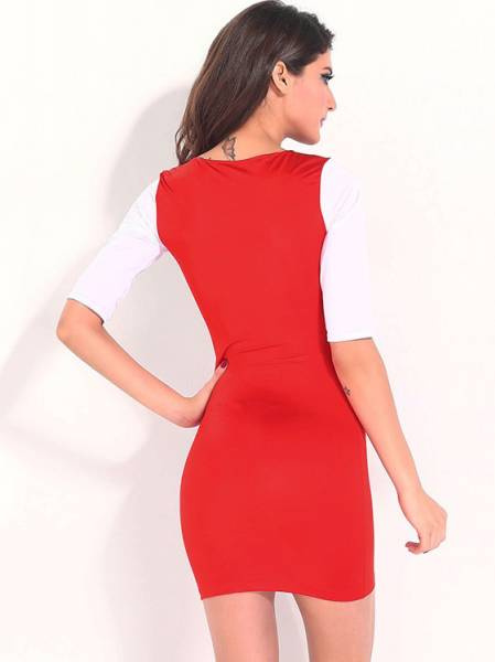 Lady V-neck Empire Half Sleeved Stylish Multicolor Block Tight Mini Bodycon Dresses