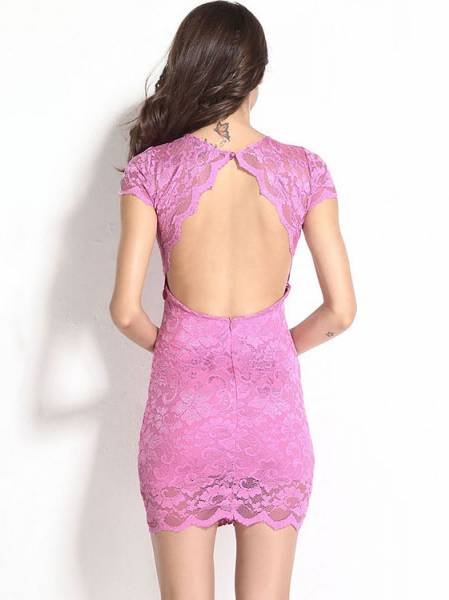 Women Sexy Backless Enticing Lace Surface Short Sleeved High-waist Midi Bodycon Dress