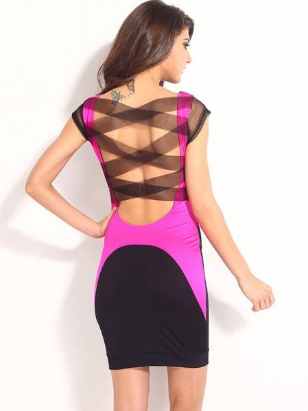 High Waist Short Sleeved Contrast Color Sexy Hollow Out Mesh Back Bodycon Mini Dress