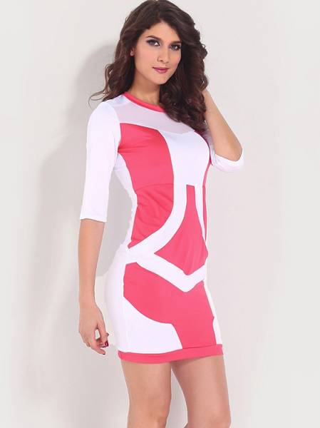 Patchwork Half Sleeve Hollow Out Mesh Chest Accent Bodycon Mini Dresses Cheap on Sale