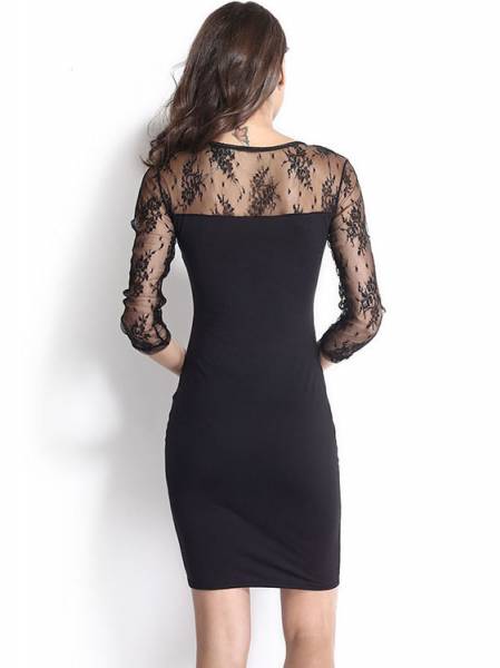Sexy Mesh Insert Floral Sheer Long Sleeve Black Celebrity Midi Bodycon Party Dresses Sale