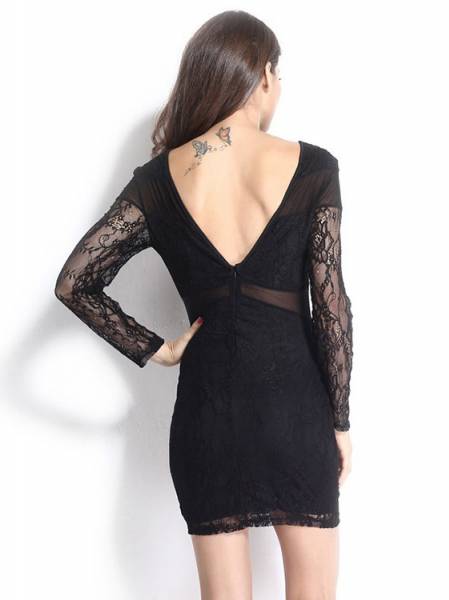 Chic Long Sheer Floral Sleeves Mesh Hollow Out High Waisted Black Mini Bodycon Dress