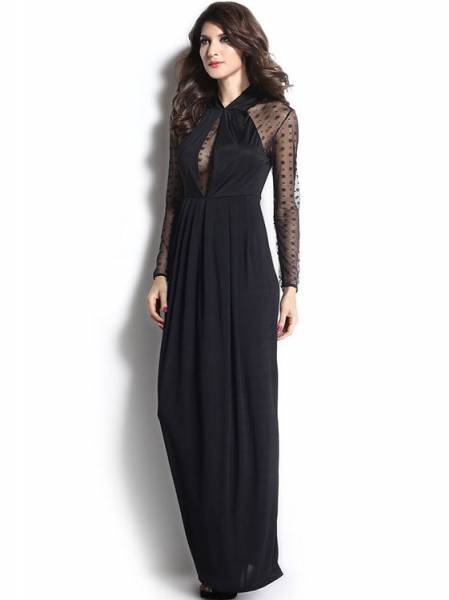 High Waisted Long Mesh Sleeves Slit Hemline Draped Straight Black Maxi Dress for Women