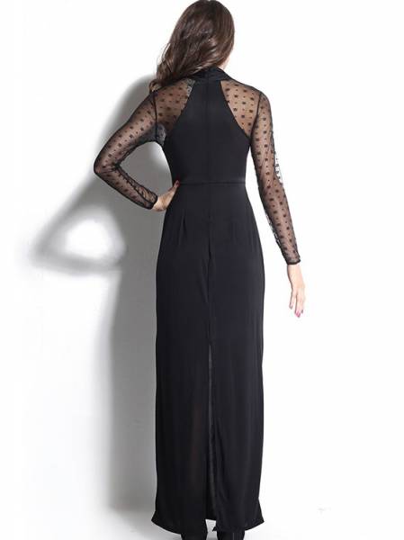 High Waisted Long Mesh Sleeves Slit Hemline Draped Straight Black Maxi Dress for Women