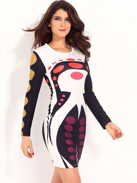 Get Focus Special Printed Long Sleeves Cheap Women Mini Dresses Online