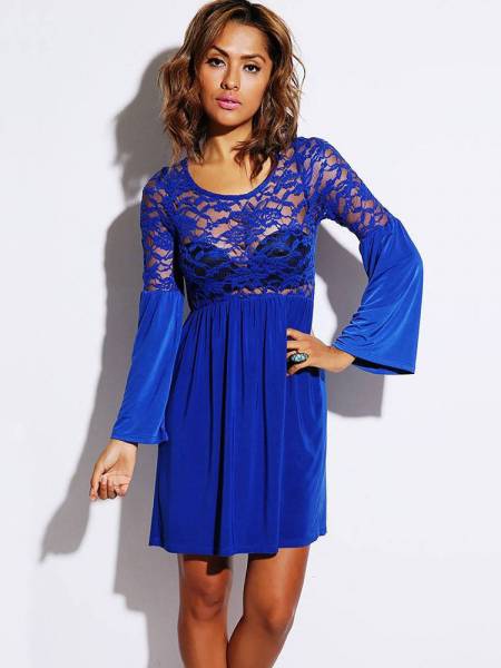 Long Flare Sleeves Pleated Skater Dress With Sheer Lace & Ruched Details