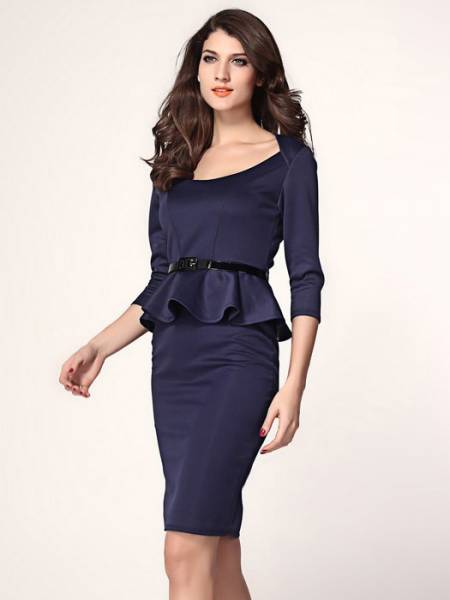 High Waist Three Quarter Sleeved O-neck Ruffles Peplum Skintight Midi Dresses With Waistband