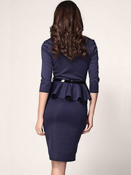 High Waist Three Quarter Sleeved O-neck Ruffles Peplum Skintight Midi Dresses With Waistband