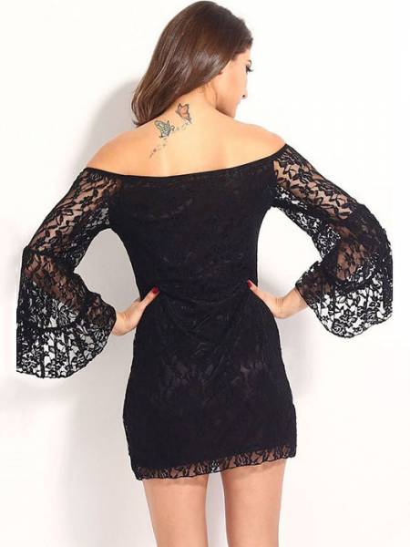 Vilanya High Waist Slash Neck Flare Sleeve Hollow Out Lace Off The Shoulder Mini Dresse