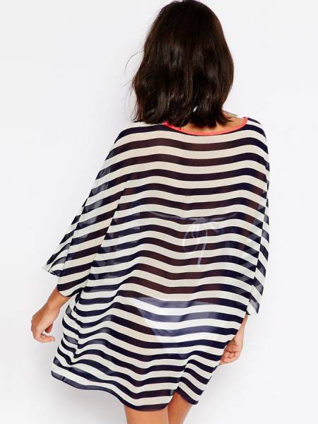 Light Sleeves Sheer Chiffon Striped Summer Beachwear Silky Kimono Coverup